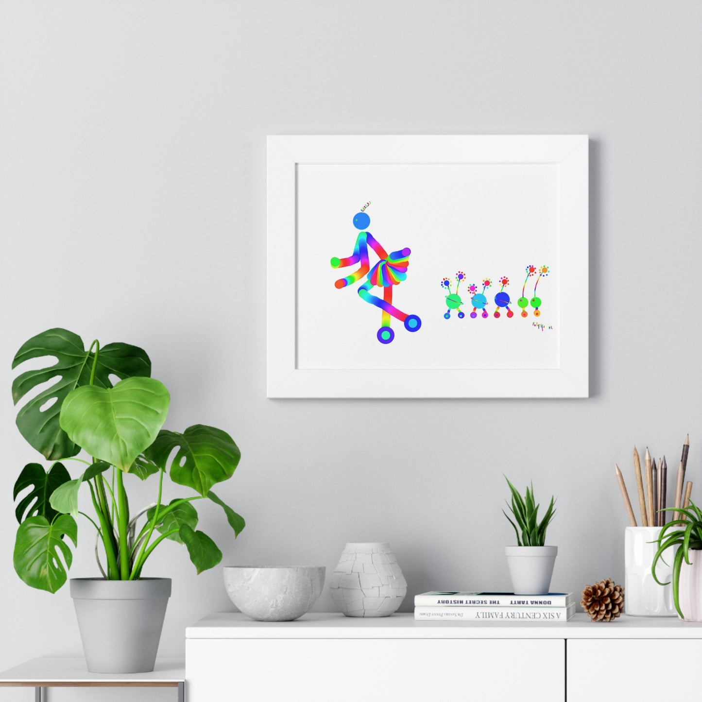 Marty Martians Girl on Wheels Going Past Flowers / Framed Horizontal Poster