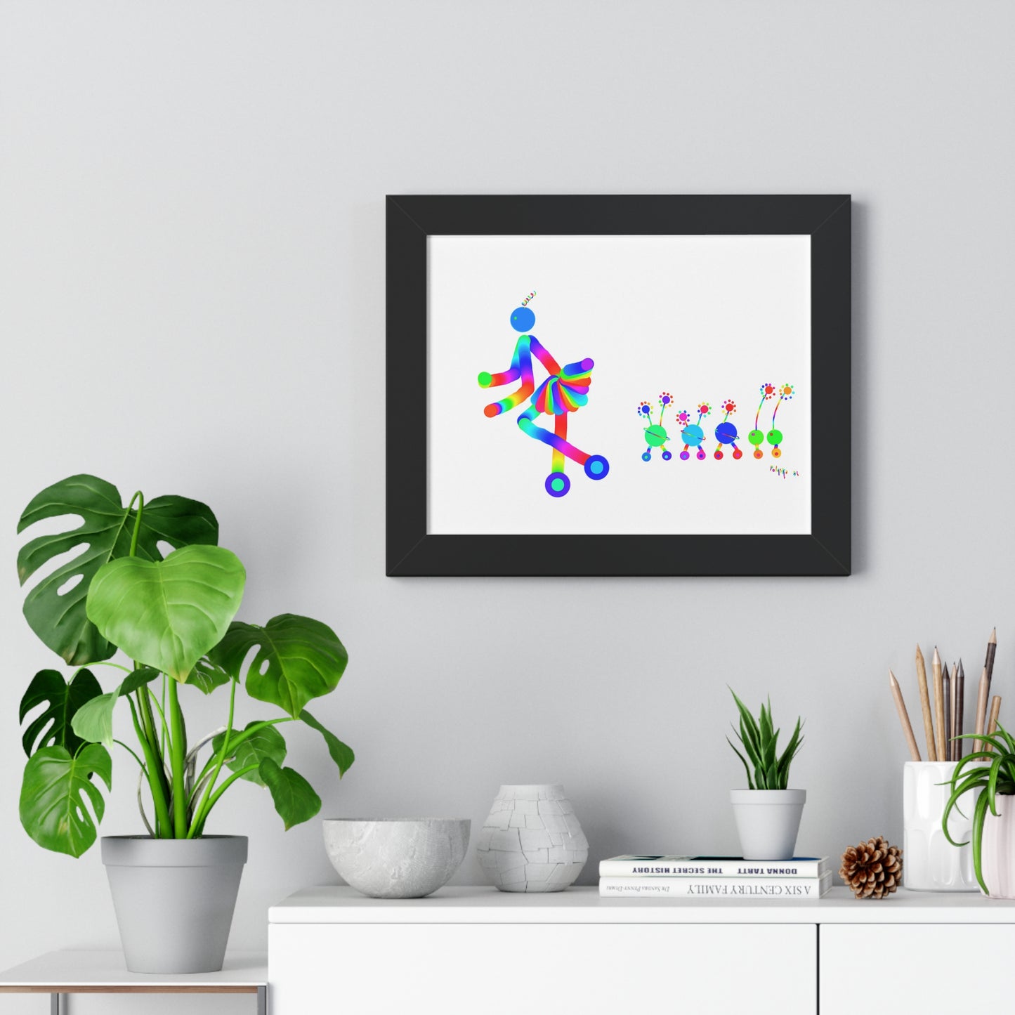 Marty Martians Girl on Wheels Going Past Flowers / Framed Horizontal Poster